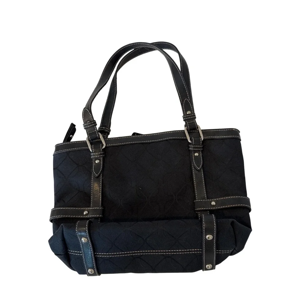 Nine West Womens Black Jacquard Canvas Shoulder Bag Buckle Detail Faux Leather